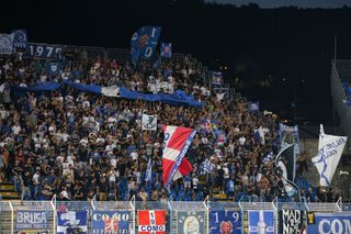Como fans during the Serie B match between Como 1907 and Brescia Calcio at Stadio Giuseppe Sinigaglia on August 29, 2022 in Como, Italy.