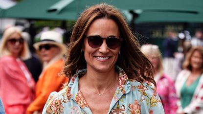 Pippa Middleton smiles as she arrives on day twelve of the 2024 Wimbledon Championships