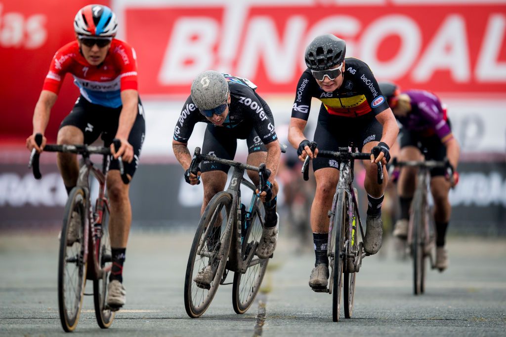 Luxembourgian Christine Majerus of Team SD Worx Dutch Lorena Wiebes of Team DSM and Belgian Lotte Kopecky pictured in action during the Dwars Door Het Hageland one day cycling race fourth race of the Bingoal Cycling Cup 180km from Aarschot to Diest Saturday 05 June 2021 BELGA PHOTO JASPER JACOBS Photo by JASPER JACOBSBELGA MAGAFP via Getty Images