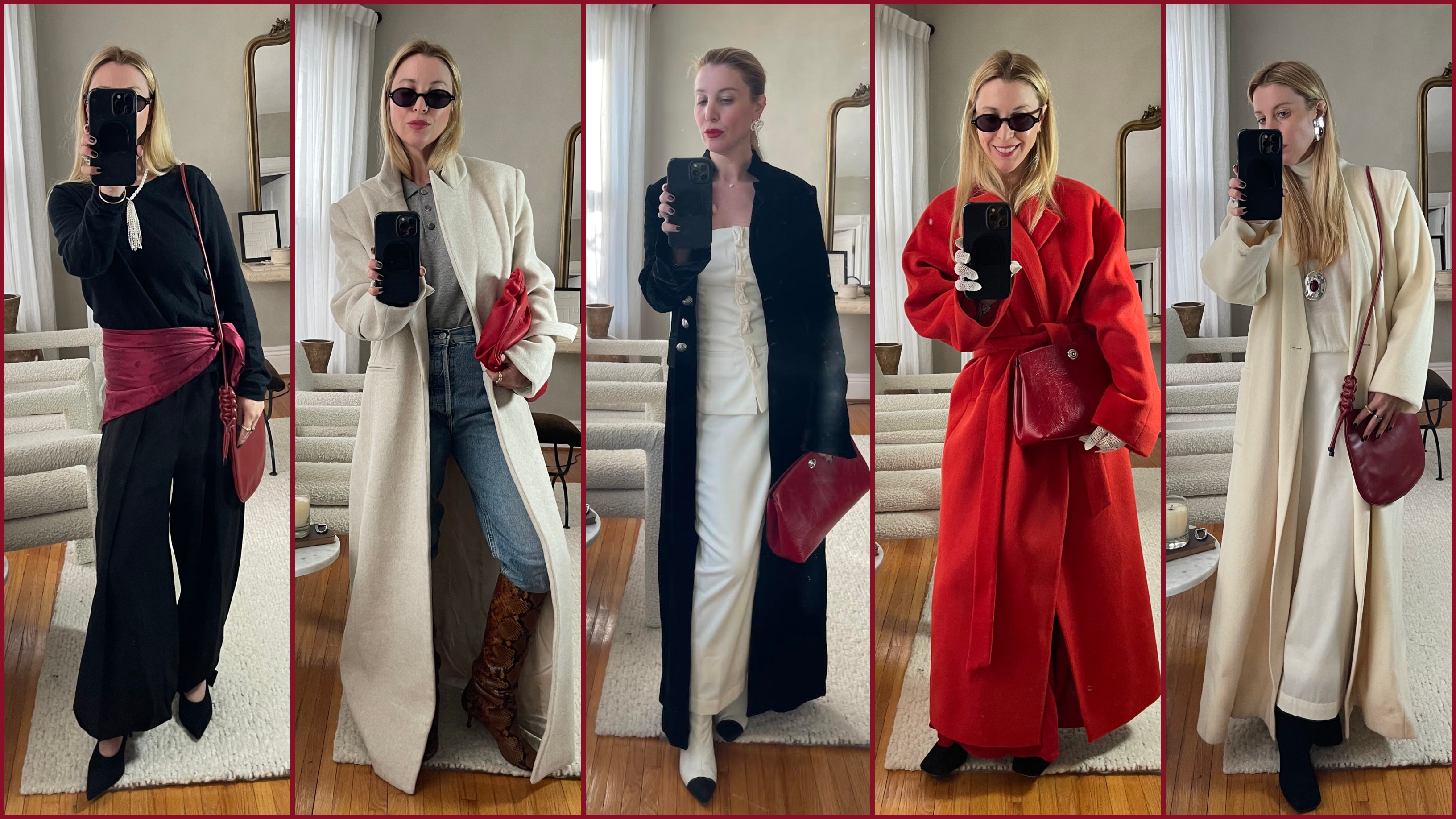 a collage of Kerry Pieri wearing different outfits featuring red handbags