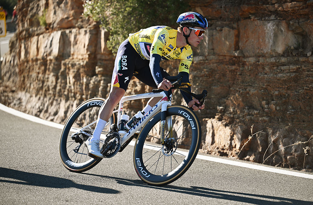 VALENCIA, SPAIN - FEBRUARY 08: Remco Evenepoel of Belgium and Team Red Bull - BORA - hansgrohe - Yellow leader jersey competes during the 77th Volta Comunitat Valenciana 2026, Stage 5 a 94.7km stage from Betera to Valencia on February 08, 2026 in Valencia, Spain. (Photo by Szymon Gruchalski/Getty Images)