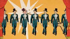 Illustrative collage of a row of vintage style male magicians, with one woman in their midst