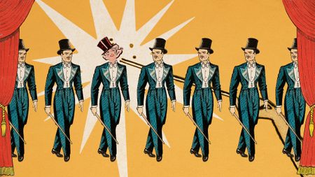 Illustrative collage of a row of vintage style male magicians, with one woman in their midst