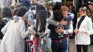 Prince Harry and Meghan Markle hugging people at different engagements