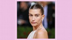  Hailey Bieber attends The 2022 Met Gala Celebrating "In America: An Anthology of Fashion" at The Metropolitan Museum of Art on May 02, 2022 in New York City. / in a purple check template