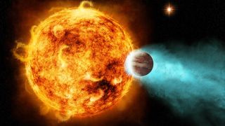 a gaseous planet orbits close to a nearby star, causing some of its gases to be burned off into space