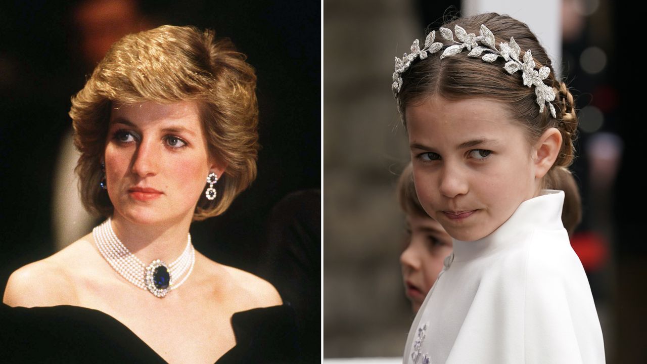 Princess Diana wears a blue sapphire and pearl choker with a black off-the-shoulder dress, and Princess Charlotte wears a white dress with a floral headband