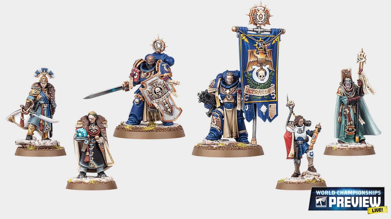 A range of Ultramarines and attendant models, with the Warhammer Community logo and World Championship Preview in the corners