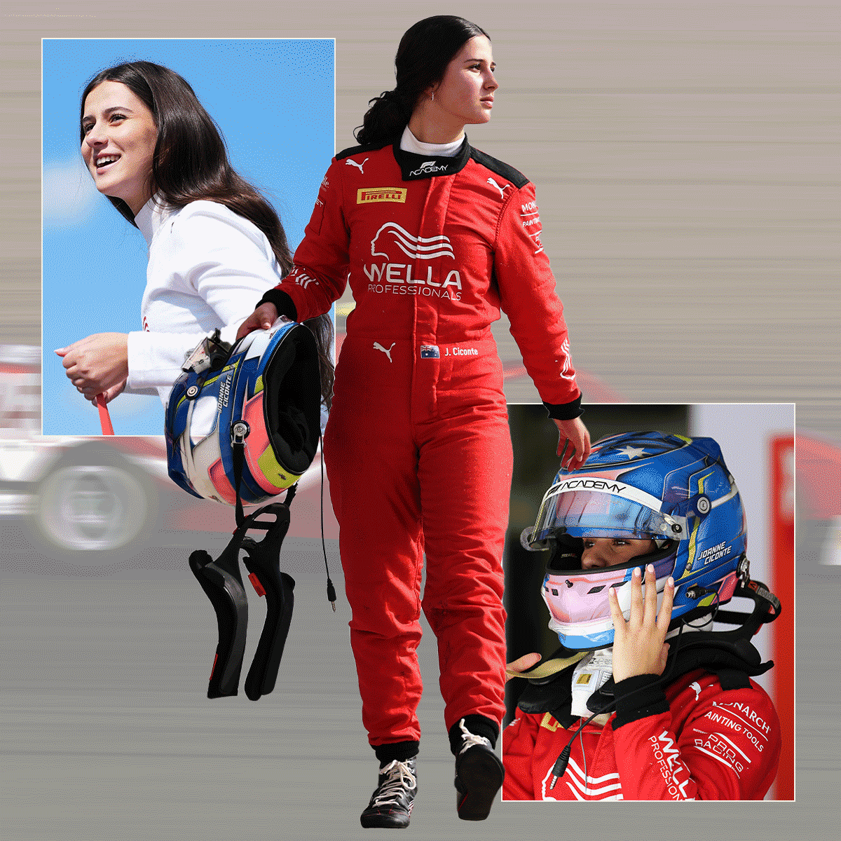 Five photos of Joanne Ciconte in the F1 Academy paddock.