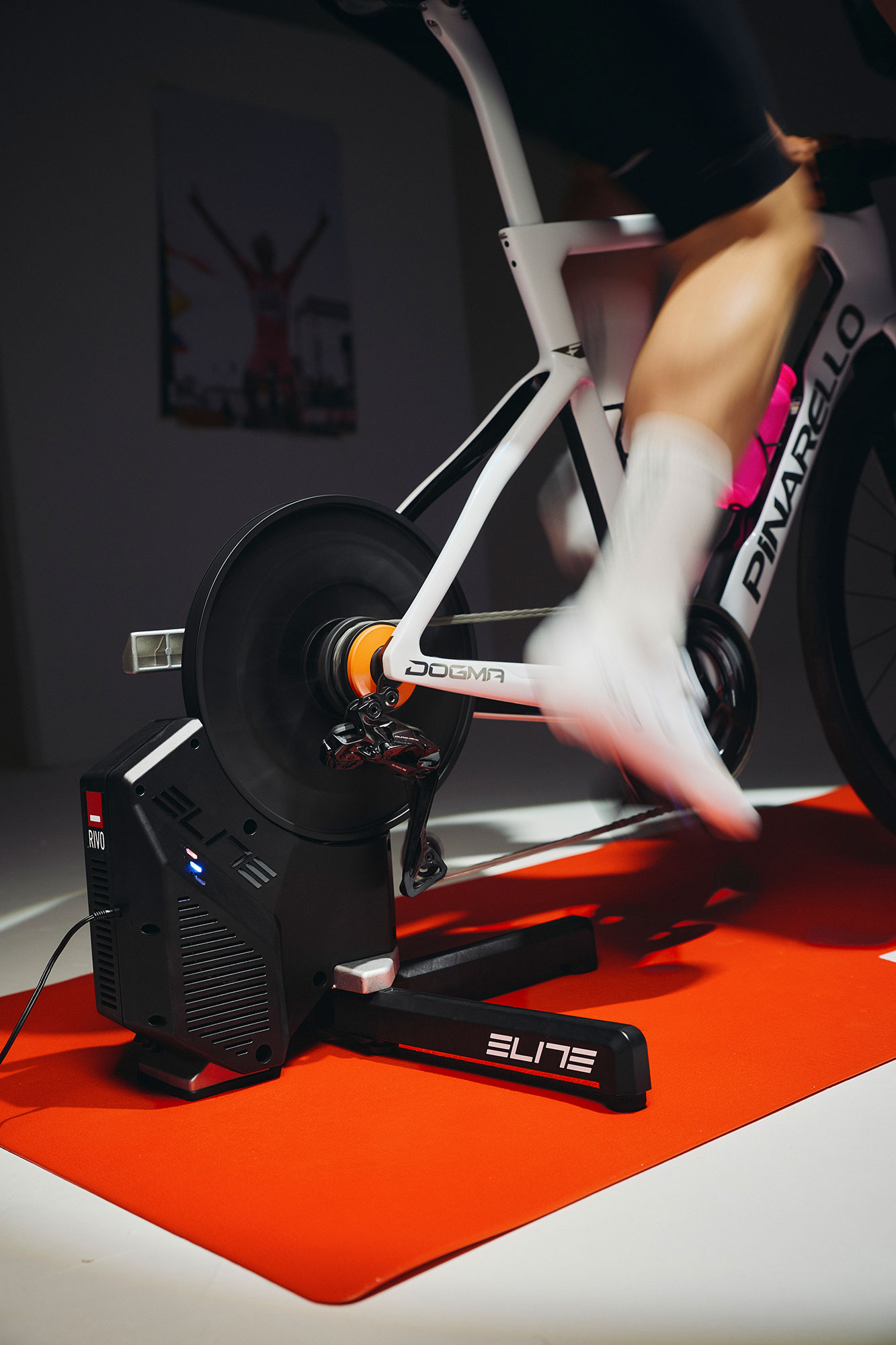 Elite Rivo smart trainer from the rear, three-quarters on