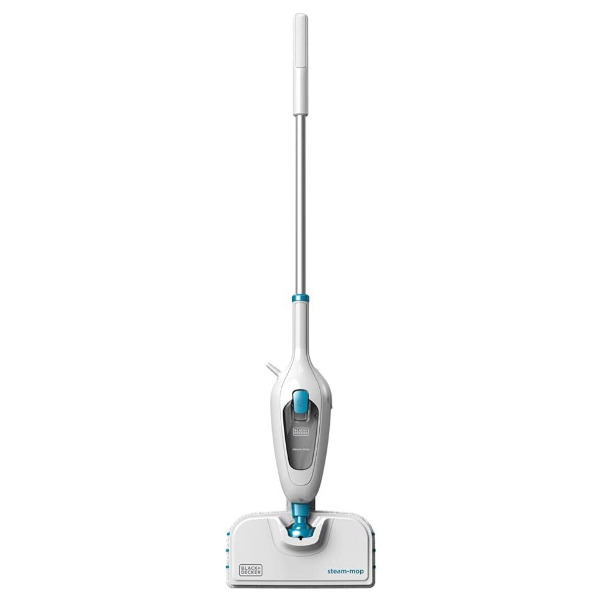 Black Decker steam mop against white background.