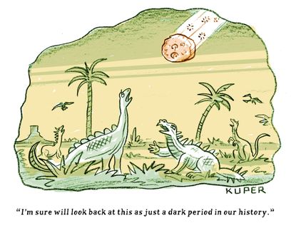Editorial Cartoon World Trump dinosaurs climate change meteors extinction