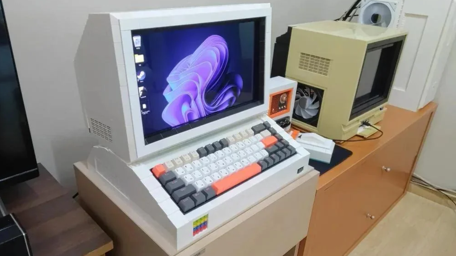 Retro-style PC housing built using white Lego-style bricks.