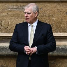 Prince Andrew wearing a dark suit and yellow tie standing in front of a tan concrete wall