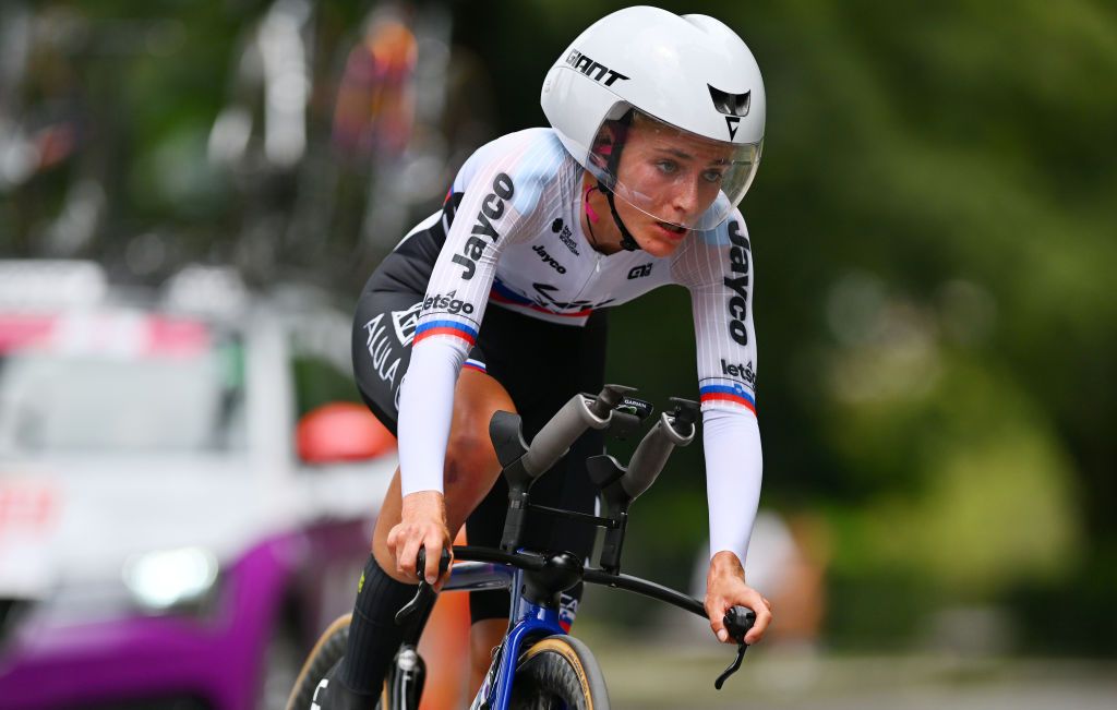 BRESCIA ITALY JULY 07 Urska Zigart of Slovenia and Team Liv AlUla Jayco sprints during the 35th Giro dItalia Women 2024 Stage 1 a 157km individual time trial stage from Brescia to Brescia UCIWWT on July 07 2024 in Brescia Italy Photo by Luc ClaessenGetty Images