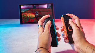 A Nintendo Switch 2 photographed under RGB lighting