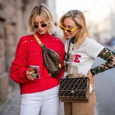 Eyewear, Street fashion, Clothing, Fashion, Red, Shoulder, Sunglasses, Yellow, Outerwear, Jacket, 