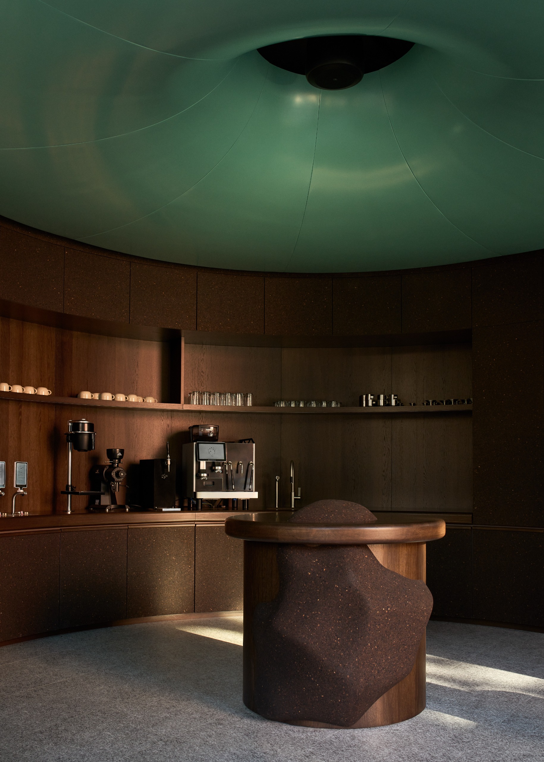 The oak and cork interior beneath the green speaker installation