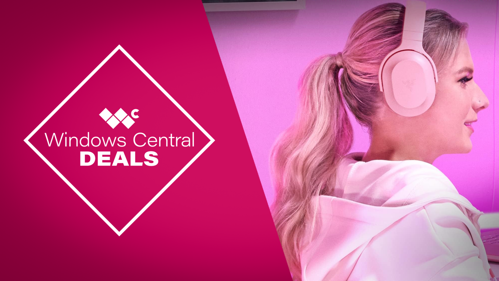 Razer Barracuda X wireless gaming headset featured in Windows Central Deals promotion, showcasing black, white, and pink color options.