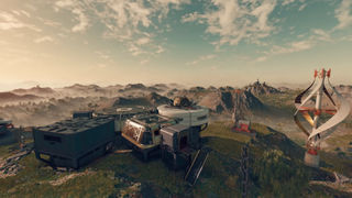 Starfield outposts - an outpost complete with wind power generator on a grassy alien planet