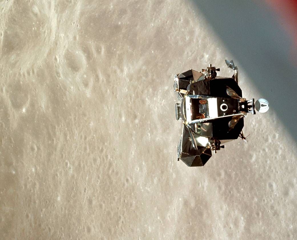 The Lunar Module, Snoopy, just above the lunar surface. The craft descended down to 47,400 feet (about 9 miles) above the moon before returning to the command and service module during Apollo 10.