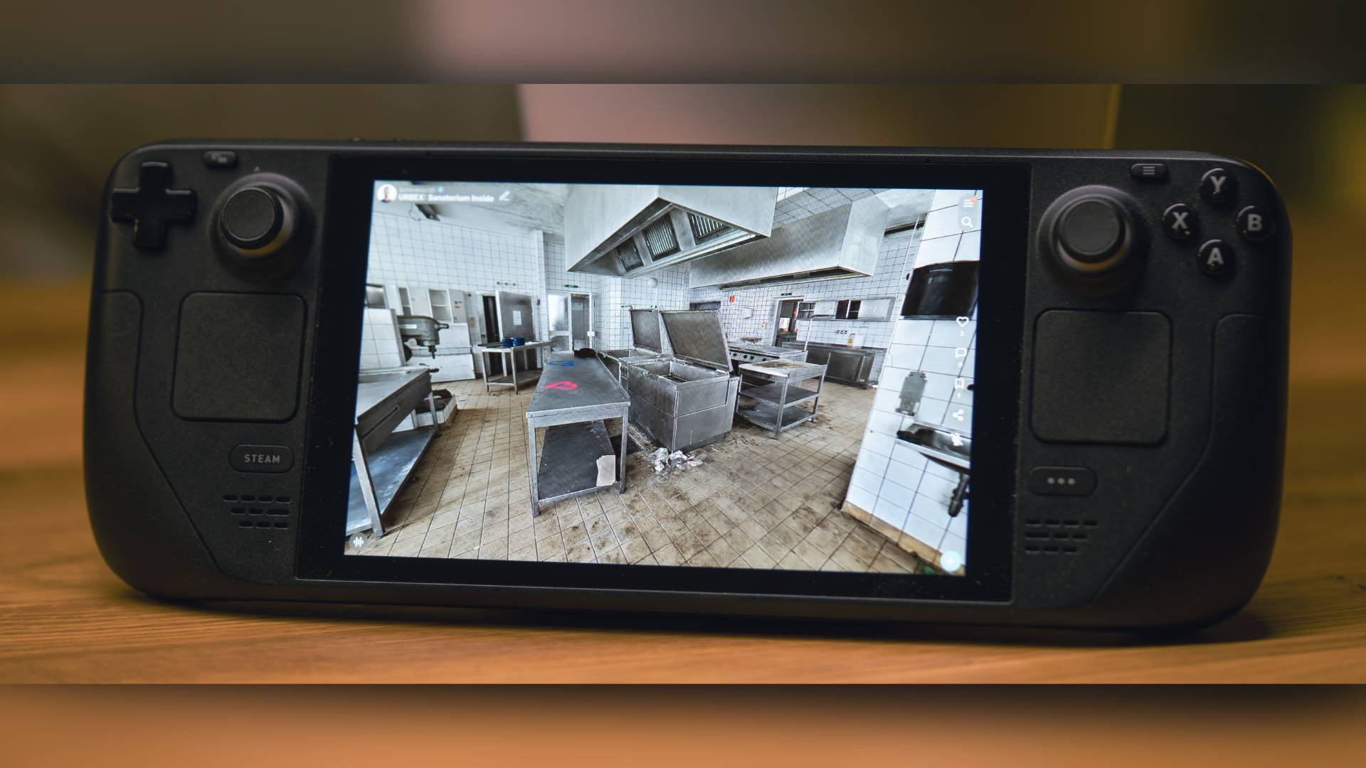 An image showing scan artist Christoph Schindelar exploring a Gaussian splat scene on his Steam Deck handheld gaming PC.