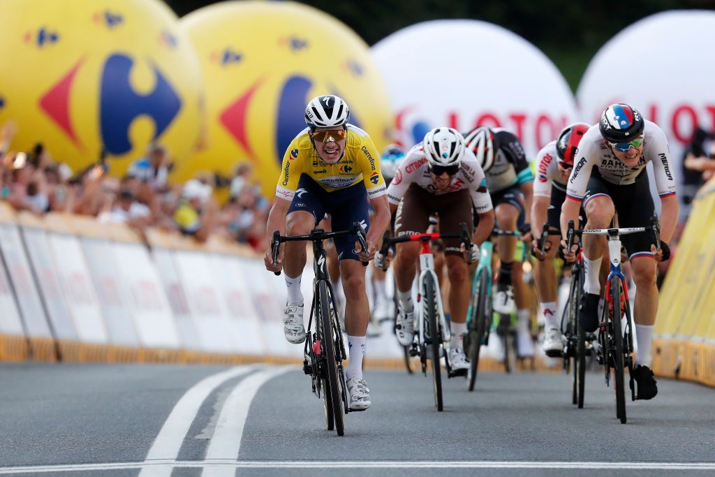 BUKOVINA RESORT POLAND AUGUST 12 LR Joo Pedro Gonalves Almeida of Portugal and Team Deceuninck QuickStep Yellow Leader Jersey Andrea Vendrame of Italy and AG2R Citren Team Matej Mohoric of Slovenia and Team Bahrain Victorious sprint at finish line during the 78th Tour de Pologne 2021 Stage 4 a 160km stage from Azoty Group Tarnw to Bukovina Resort 924m TourdePologne TDP2021 UCIWT on August 12 2021 in Bukovina Resort Poland Photo by Bas CzerwinskiGetty Images