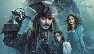 Johnny Depp, Kaya Scodelario, and Brenton Thwaites standing on the Pirates of the Caribbean: Dead Men Tell No Tales poster.