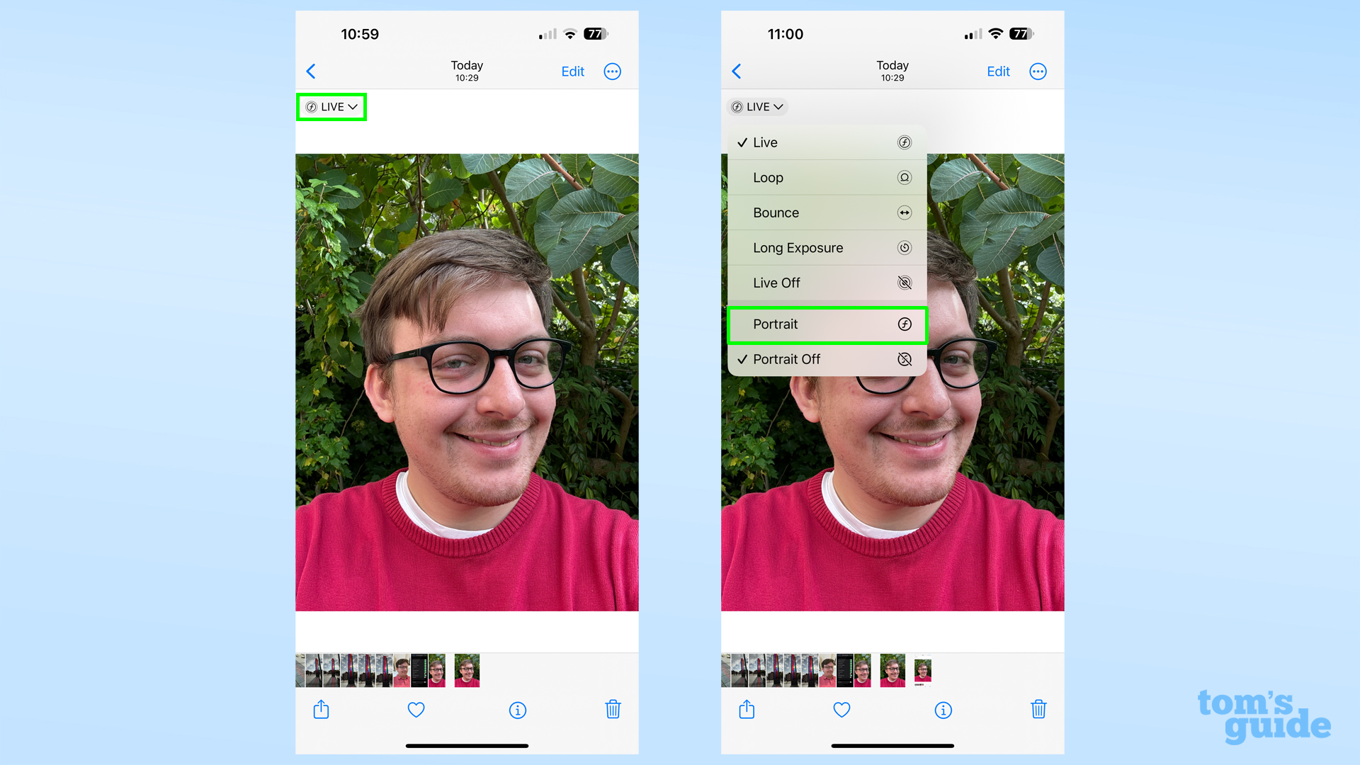 Capturas de pantalla que muestran cómo aplicar un efecto de modo retrato a una foto estándar en un iPhone 15