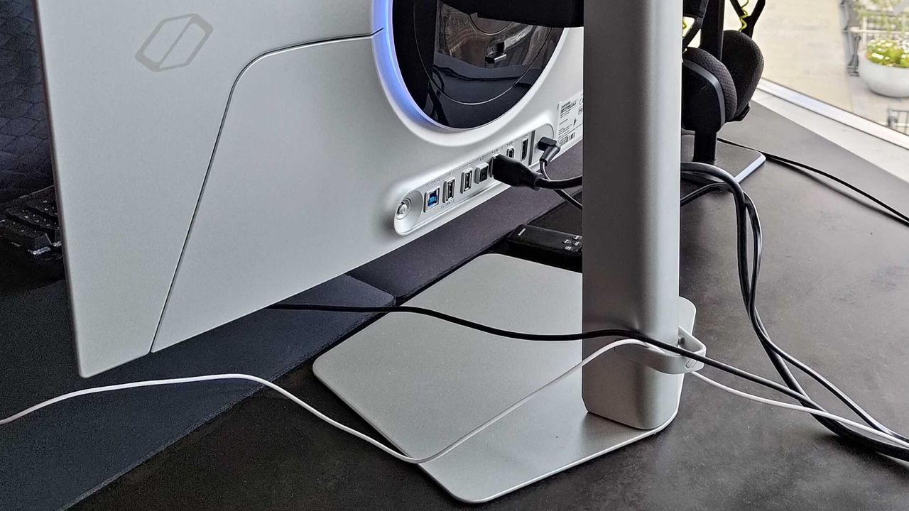 Close up of Samsung Odyssey OLED G6 back with cables connected