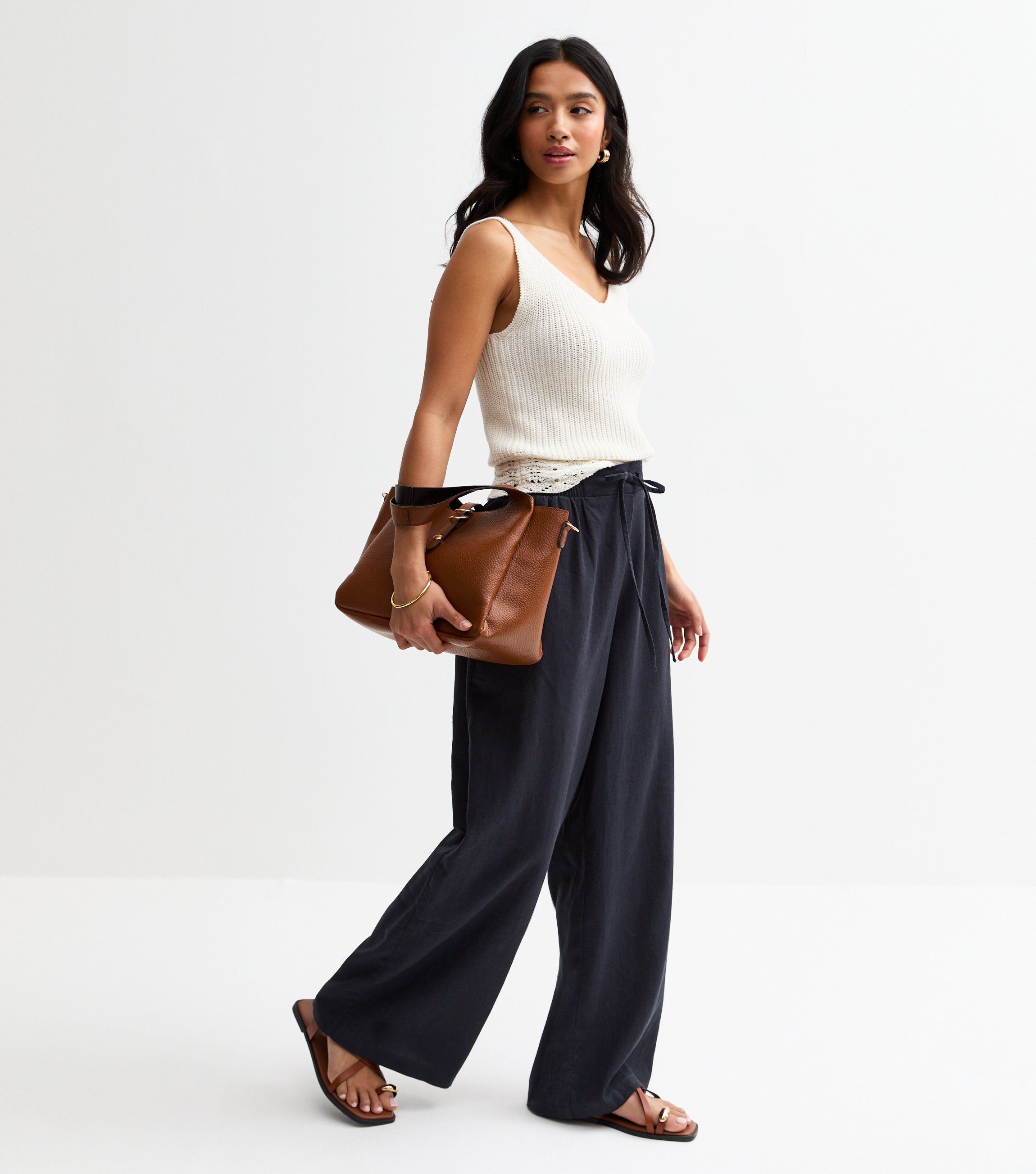 New Look, Petite Navy Linen Blend Drawstring Trousers