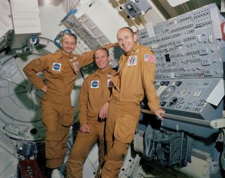 Skylab 3 crew from left to right, scientist-astronaut Owen K. Garriott, science pilot; and astronauts Jack R. Lousma and Alan L. Bean, pilot and commander, respectively