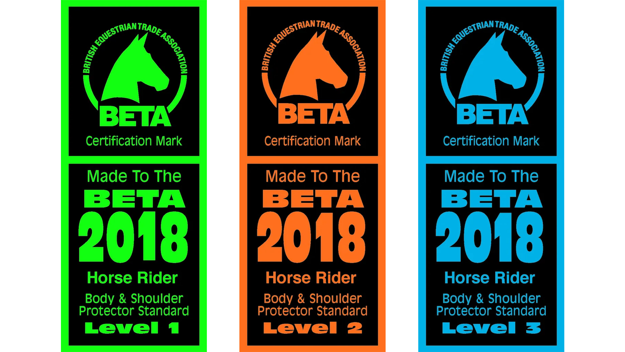 The coloured labels for the three BETA 2018 levels for body protector standards