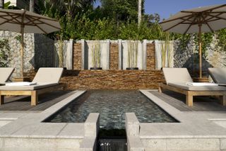 pool fence ideas: stone wall at rear of pool