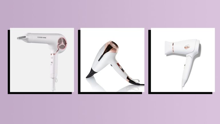 Three of the best hair dryers for fine hair by Cloud Nine, T3 and ghd on a purple background