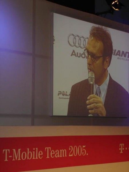 A view of the video wall: team manager Olaf Ludwig