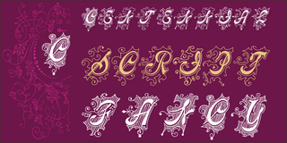 Highly decorative Centennial Script font sample