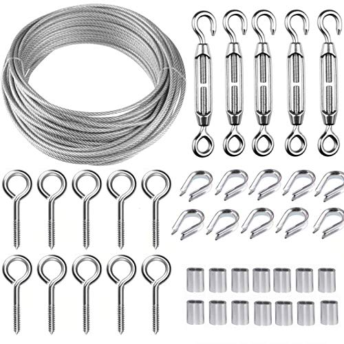 Tootaci Turnbuckle Wire Tensioner Kit, 100ft 1/16 Vinyl Coated Stainless Steel Wire Rope Cable With M5 Turnbuckles for Curtain, Garden Trellis, Picture, String Lights Hanging, Climbing Plants Outdoor