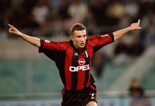 Andriy Shevchenko celebrates after scoring a goal for AC Milan against Lazio in October 1999.