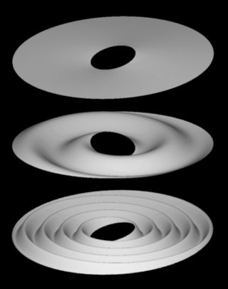The top image shows a tilted planetary ring, while the lower two show the same ring at two later times, after the ring particles' orbits have sheared the sheet into an increasingly tightly wound spiral ripple.