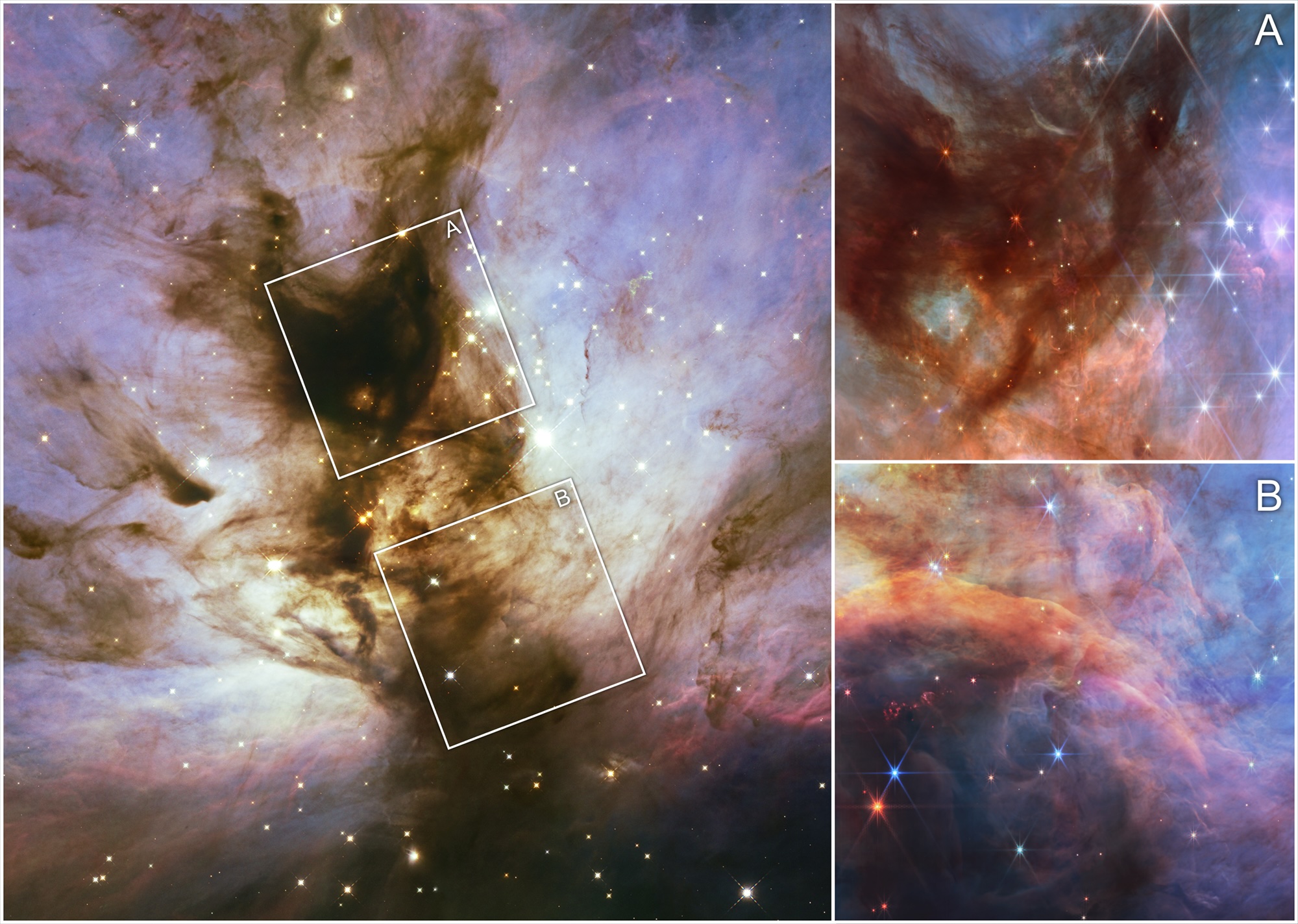 o imagine cu 3 panouri a unei nebuloase colorate