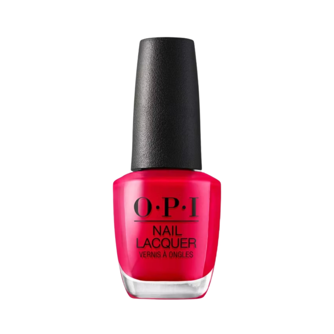 A product shot of the OPI Nail Polish in Dutch Tulips (a bright pink), on a white background
