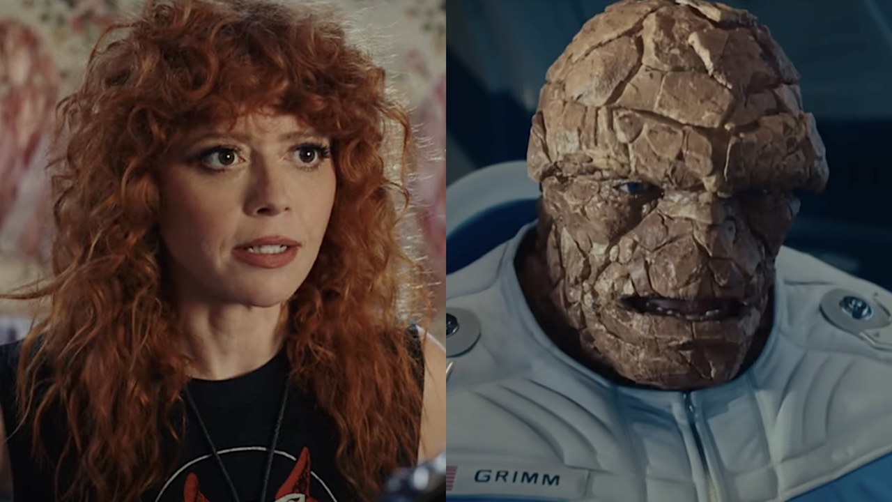 Natasha Lyonne in Poker Face/The Thing wearing a space suit in The Fantastic Four: First Steps (side by side image) 