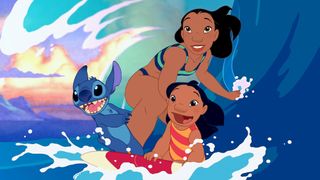 (L to R) Stitch, Lilo and Nani surfing in Lilo and Stitch