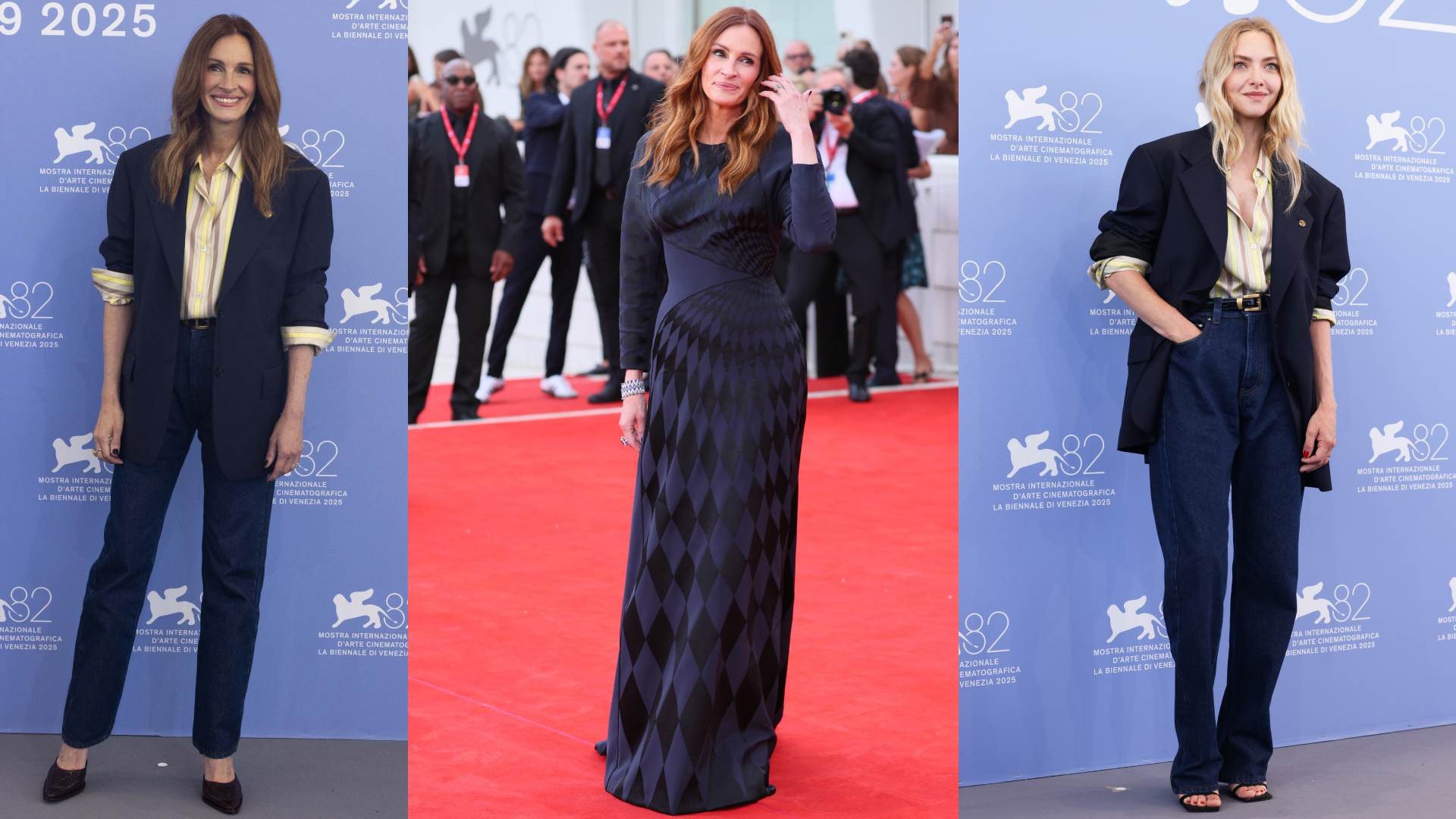 Julia Roberts and Amanda Seyfried wearing new Versace at the 2025 Venice Film Festival