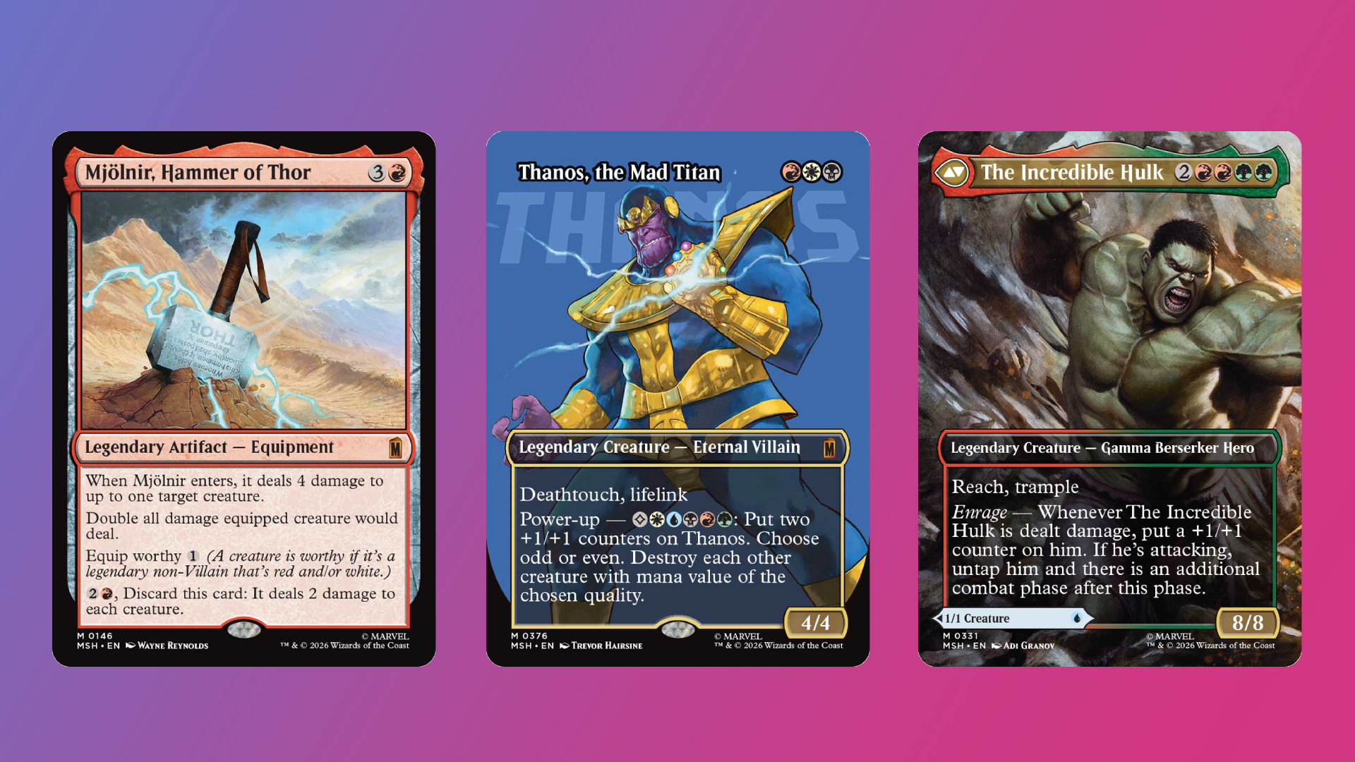 Magic The Gathering's Thanos, Hulk and Mjolnir cards showcasing their effects like Worthy, and Enrage.
