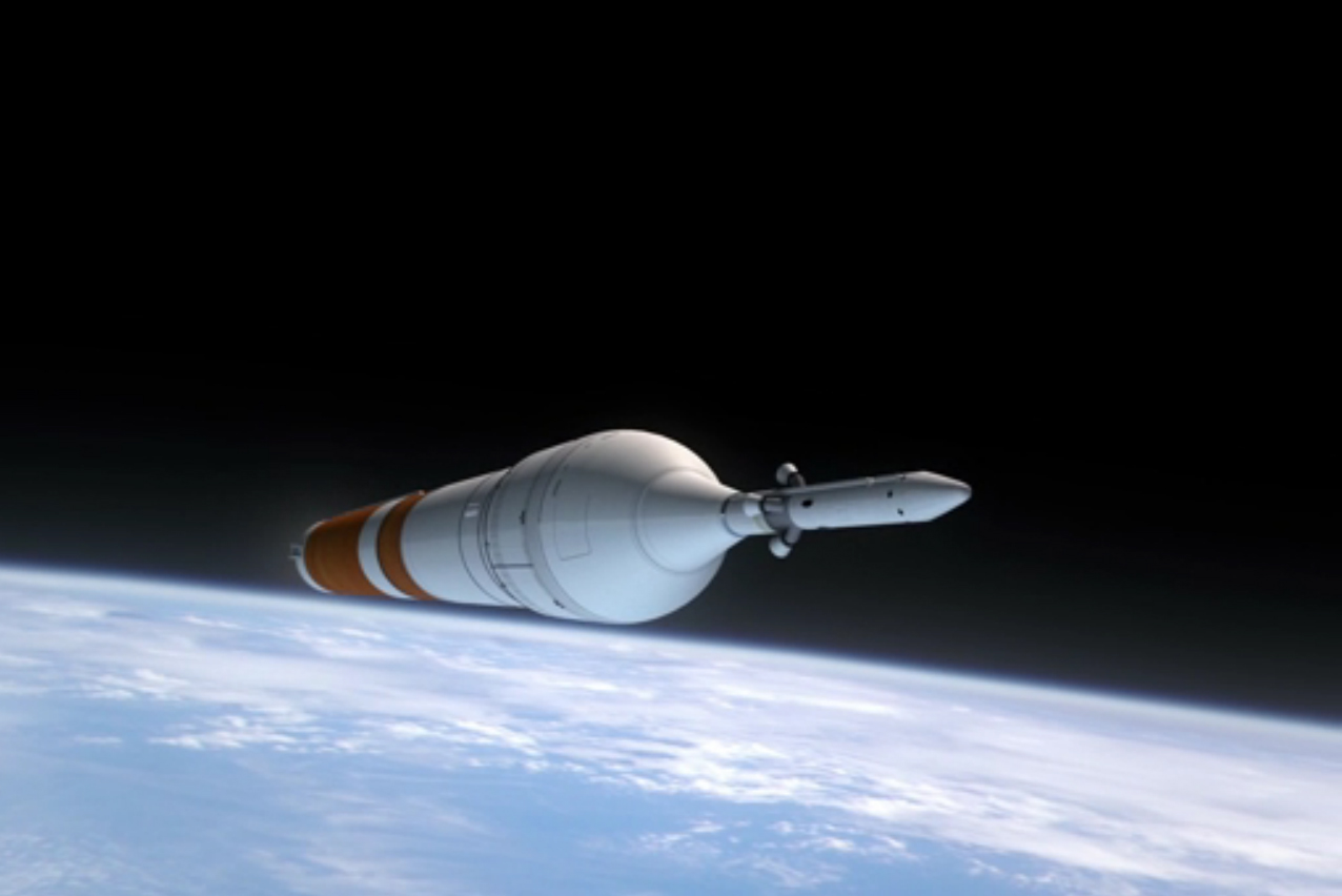 A heavy-lift rocket carrying NASA&#039;s Orion Multi-Purpose Crew Vehicle launches on the Exploration Test Flight 1 in this still from a NASA video.