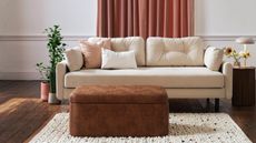 Image of a white living room with a white sofa, a white rug, a few plants, and a brown suede storage ottoman.