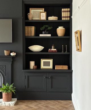 living room with black color drenched shelving with decorative objects