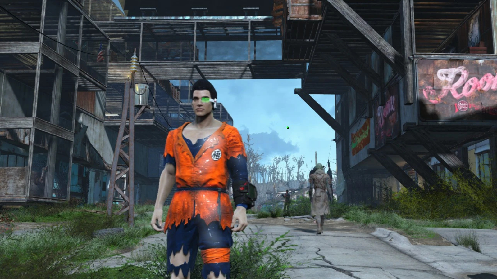 A player character wearing clothes modded to look like Goku's gi in Fallout 4.